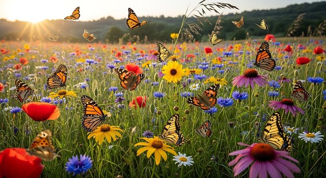 Colorful Field of Wildflowers at Sunset with Monarch Butterflies