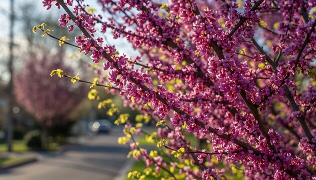 Close-up of a blooming Eastern Redbud tree with vibrant pink flowers and emerging yellow-green leaves, symbolizing springs arrival.