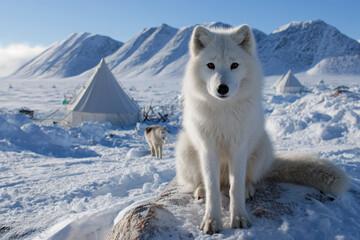 Fototapeta premium Arctic fox observes surroundings near camping tents in snowy landscape