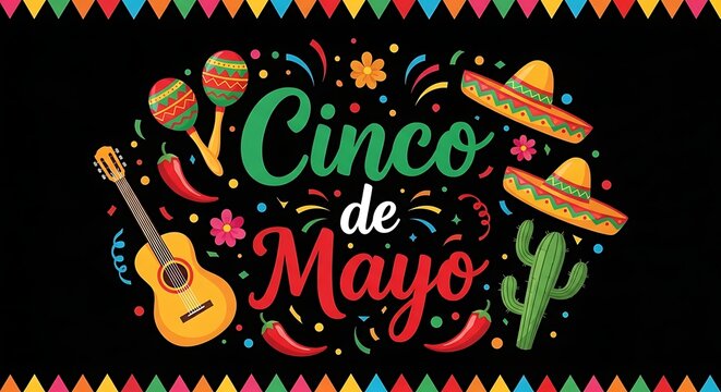 Vibrant cinco de mayo celebration background with guitar chili peppers and traditional mexican elements
