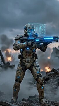 Soldier in futuristic armor aims glowing weapon amidst battlefield destruction