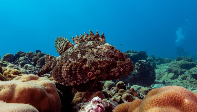 Underwater Stonefish Camouflaged Among Coral Reefs, Marine Life.
