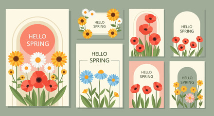 Set of Hello Spring Floral Cards and Posters with Modern Minimalist Flowers and Geometric Arch Designs © Arlo