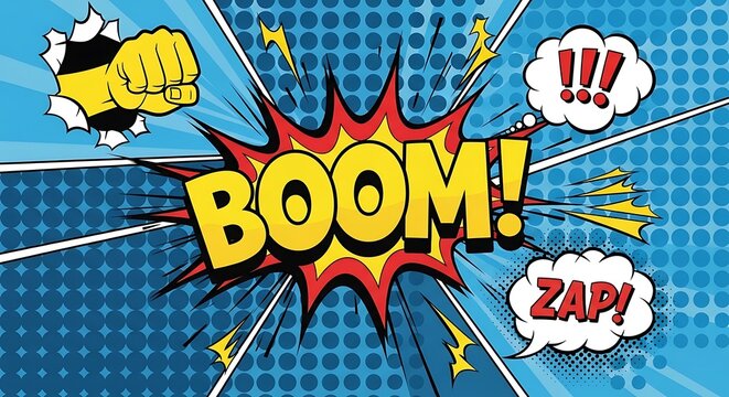 Bright Comic Boom Symbol Fist Impact in Pop Art Style