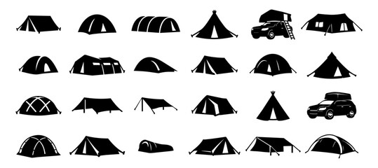 Camping Tent Silhouette Set, Outdoor Shelter Icons Collection, Hiking and Camping Equipment Symbols, Vector Pack © Mediasegment