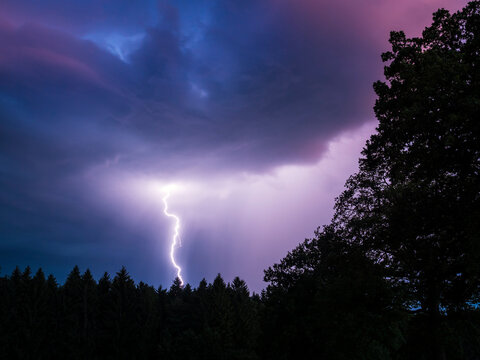 Thunderstorm with lightning over forest, Bavaria, Germany. June, 2017. 
