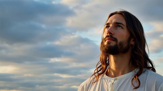 Man with long hair and beard looking up