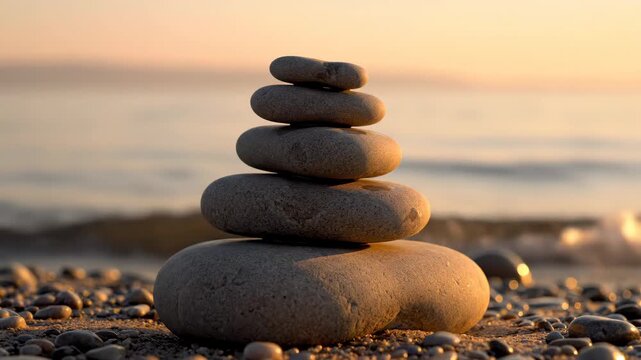 Zen stones pyramid balancing on a pebble beach at sunset