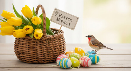 Celebrating easter monday with vibrant tulips and colorful eggs