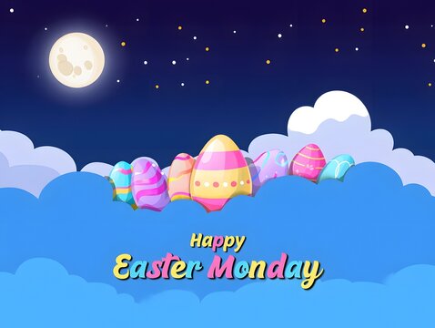 Whimsical easter monday night sky with colorful eggs