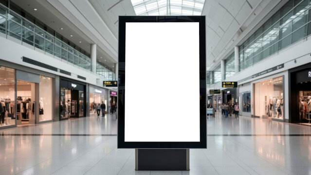 Blank vertical digital billboard mockup situated in a bright modern airport terminal, perfect for advertising campaigns and strategic commercial branding placement concepts.