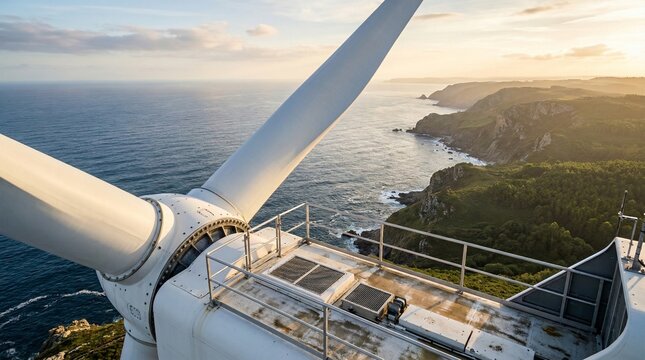 View from Top Platform of a Wind Turbine Over Sea. Detailed view of the top platform and nacelle of a wind turbine, showing technical details and railings, with a stunning background of a rocky 