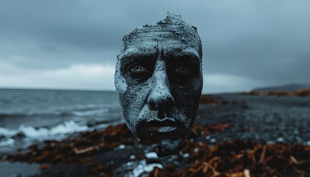 Weathered Stone Face Sculpture on Rocky Beach with Ocean Backdrop.