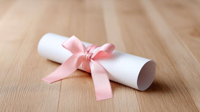 Certificate rolled up with a pink ribbon tied around it, resting on a wooden surface, showcasing a clean and elegant presentation suitable for academic or professional achievements