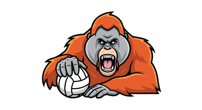 Cartoon gorilla holding a volleyball with an aggressive expression on a plain white background.