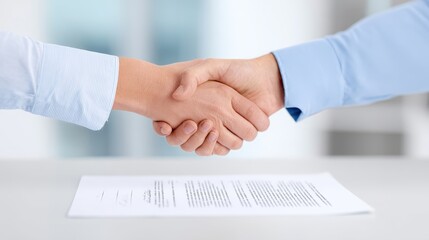 Obraz premium Two business professionals shake hands over a signed contract document on a table, with a blurred office background featuring soft lighting and modern decor elements enhancing 