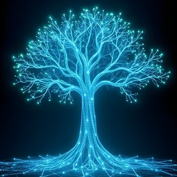 An AI system visualized as a growing decision tree representing complex data analysis.