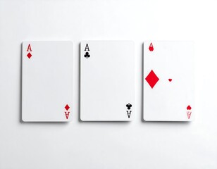 Obraz premium Three playing cards featuring aces, red and black suits, on white background