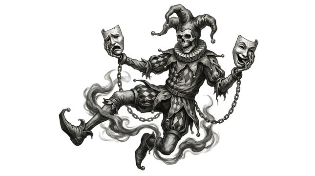 a jester with a skull face and theatrical masks.