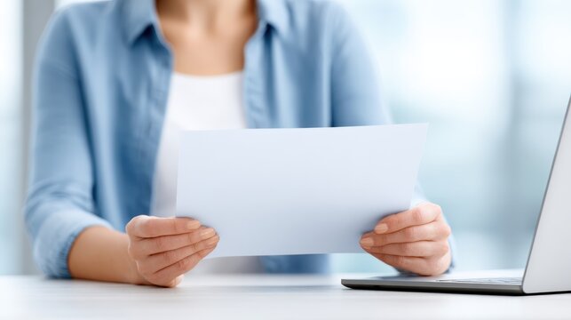 Woman in blue shirt holding a blank certificate paper in front of a laptop on a desk, with a blurred background suggesting an office or workspace environment