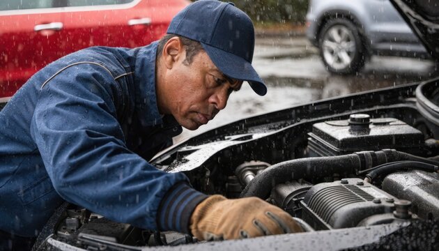 Closeup of an agent closely inspecting an SUVs engine under the hood background featuring indistinct vehicles and parking lot environment.