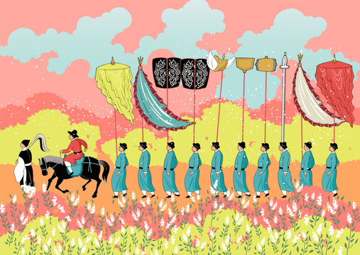 Joseon Dynasty Royal Guard Procession in Spring Palace with Blooming Flowers, Vector Illustration