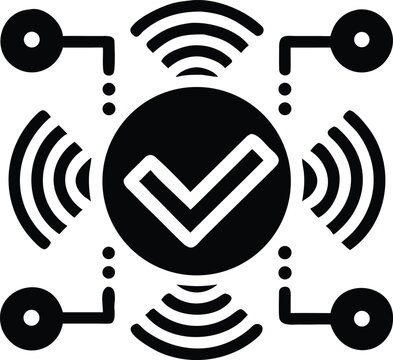 Black checkmark symbol with wireless signals white background