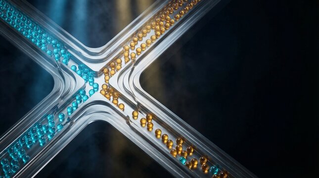 Abstract macro glowing glass spheres in metallic data sorting grooves