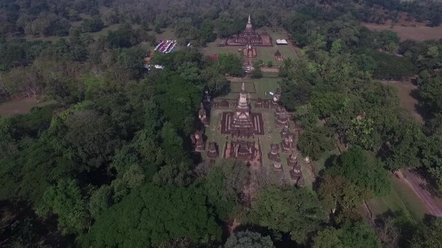 Aerial view of Wat Chedi Chet Thaeo at Si Satchanalai Historical Park, UNESCO World Heritage Site in Sukhothai, Thailand.