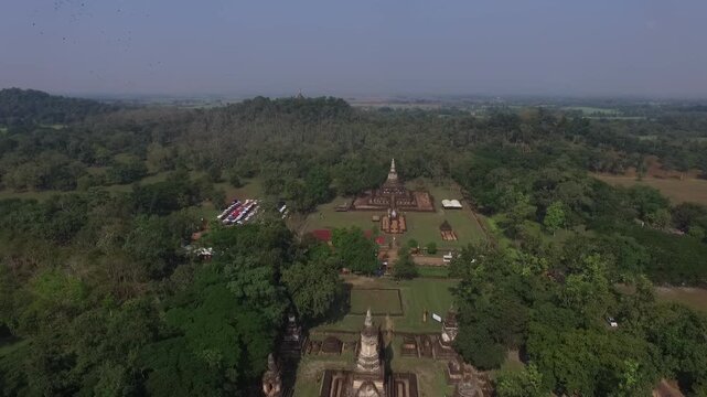 Aerial view of Wat Chedi Chet Thaeo at Si Satchanalai Historical Park, UNESCO World Heritage Site in Sukhothai, Thailand.