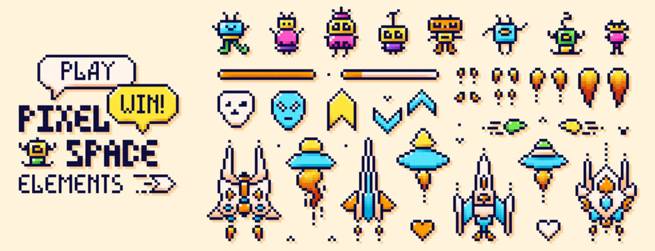 Pixel space elements. Color images of UFO, captors, spaceships, and other game elements.