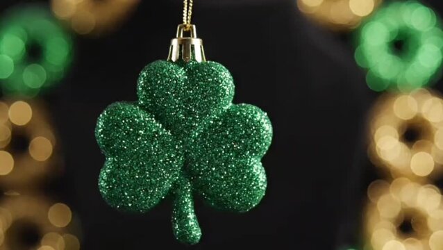 Drifting from left, glittery green four-leaf clover ornament moving to center at studio, rim bokeh