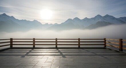 Fototapeta premium Scenic mountain terrace overlooking a misty valley at sunrise