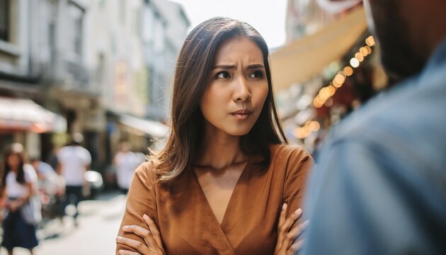 A woman with a frustrated expression, arms crossed, in a busy street.