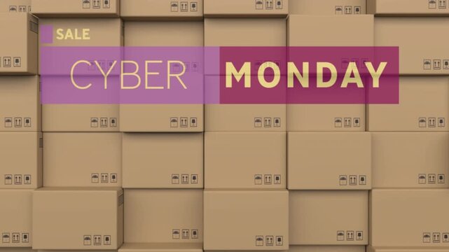 Animation of cyber monday text over stack of cardboard boxes in warehouse