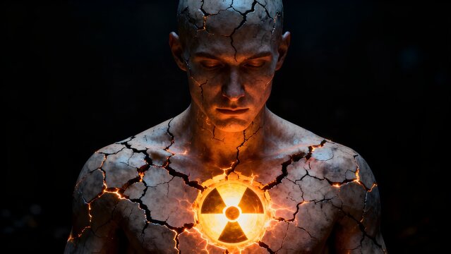 Intense visual representation of a man's body cracking open revealing a glowing radioactive symbol emanating powerful energy
