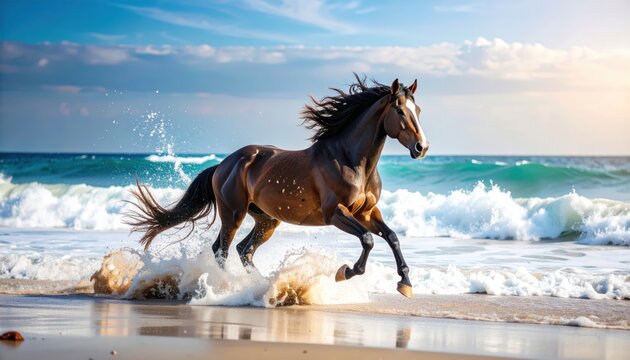 Majestic Horse Galloping on a Tropical Beach at Sunset.