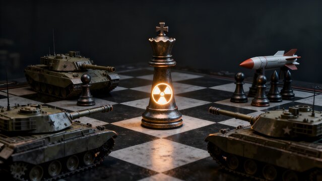 Dramatic representation of nuclear brinkmanship and geopolitical conflict staged as a high-stakes game of chess with military pieces.