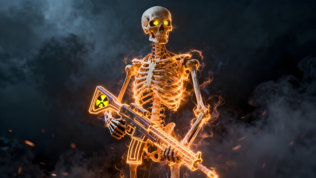 Fiery neon skeleton holding a radioactive assault rifle with glowing green eyes in a dark, smoky environment