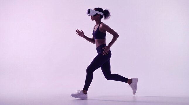 Athletic woman running while wearing VR virtual reality headset on pink background