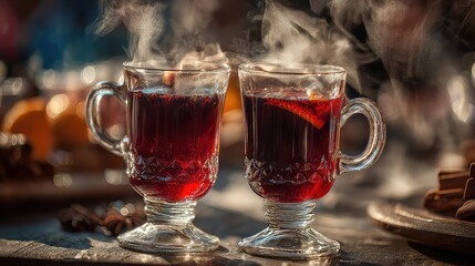Fototapeta premium Two glasses of mulled wine with steam rising