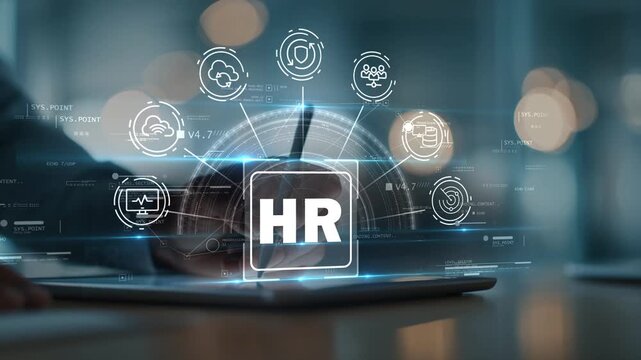 Businessman using tablet as HR icon transforms into cloud, protection and internet symbols, representing mobile workforce solutions and digital service integration.