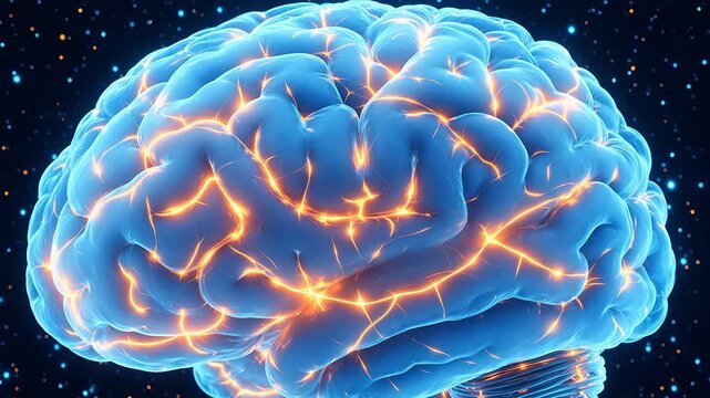 Blue brain with glowing neural connections