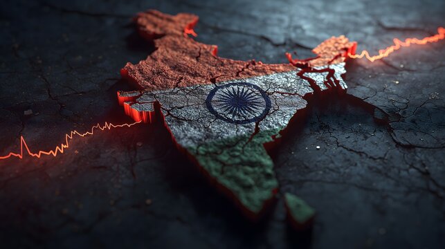 India Map with Glowing Fault Lines and Seismic Activity Concept, Earthquake Risk Visualization, Geopolitical Tension, Disaster Impact and Crisis Scenario Illustration