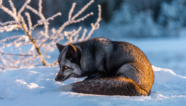 A stunning silver fox rests in a snowy winter landscape, focused and alert.