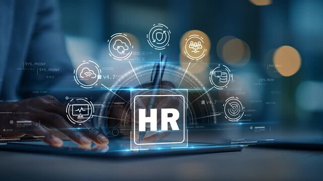 Black businessman works on tablet as HR-based icons develop into connected services like cloud, protection and network, illustrating workflow, productivity and digital operations.