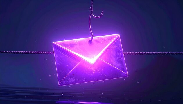 A glowing purple email envelope hooked by fishing line, symbolizing phishing, cybersecurity threats, and digital deception in modern technology.