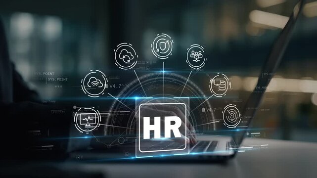 Businessman working on laptop as an HR icon appears and expands into cloud, protection and internet symbols, representing connected workforce solutions and digital business systems.