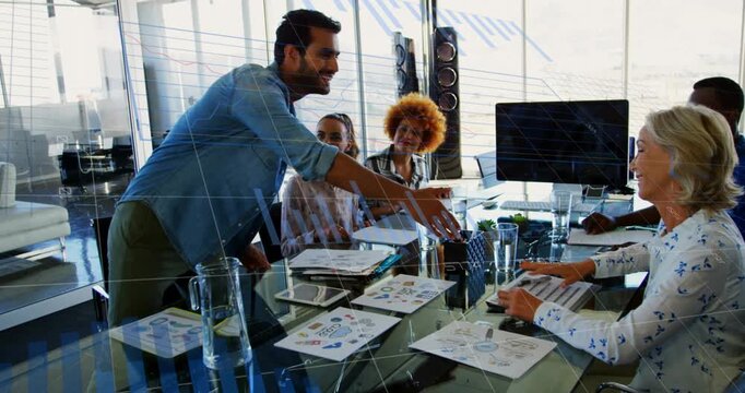 Animation of financial data processing over diverse group of business people