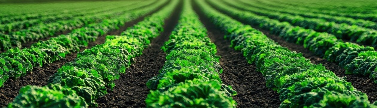 Rows of vibrant green lettuce growing in dark fertile soil under bright natural light